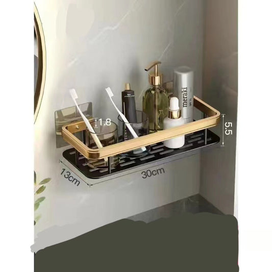 Bathroom Perforated Triangle Suction Cup Tripod Black Gold Rectangular Shelving