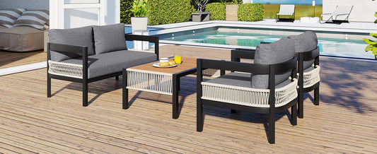 Multi-person Outdoor Iron Sofa Set with A table, Rattan Decoration,