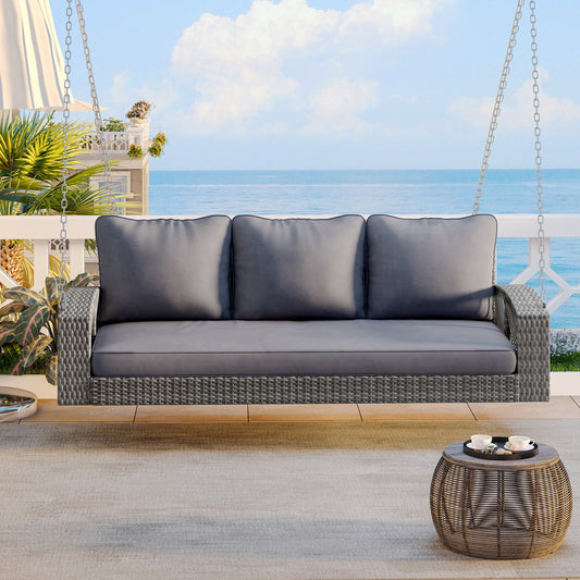 69' PE Wicker 3-Person Porch Swing with Chains, Large Patio Swing