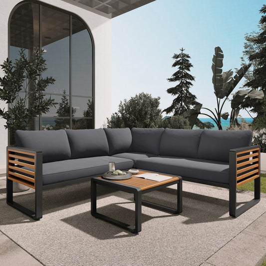 4 Pieces Outdoor Patio Conservation Set, Metal and Wood Frame
