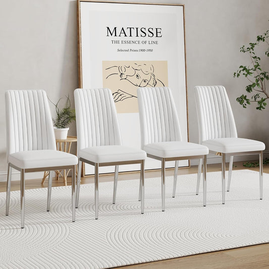 White Leather Chair, Modern Dining Chair Set of 4 with PU Leather and