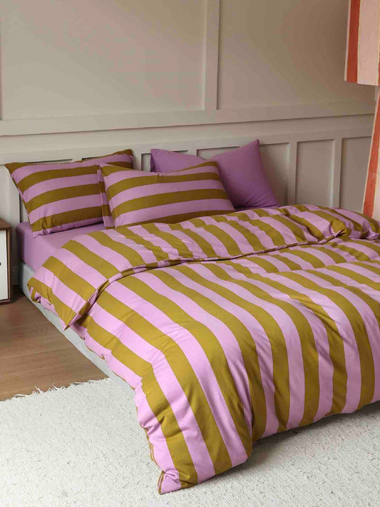 Dopamine Stripe Cotton Queen Size Duvet Cover Set With Pillowcases &