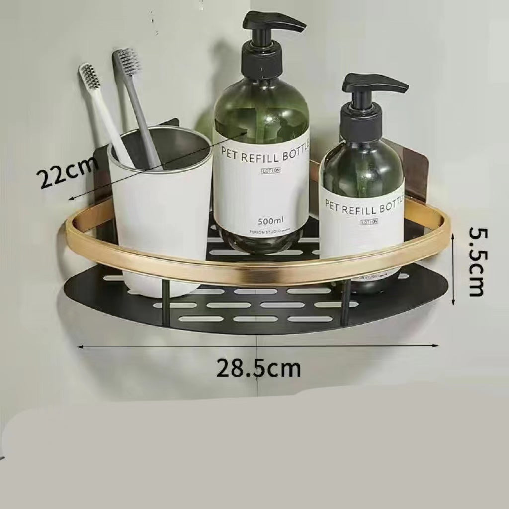 Bathroom Perforated Triangle Suction Cup Tripod Black Gold Rectangular Shelving